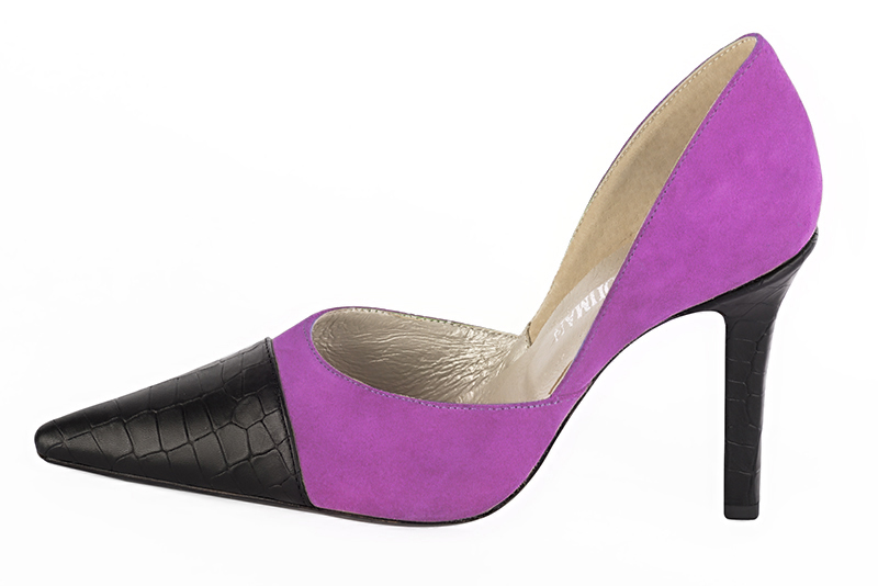 Satin black and mauve purple women's open arch dress pumps. Pointed toe. Very high slim heel. Profile view - Florence KOOIJMAN